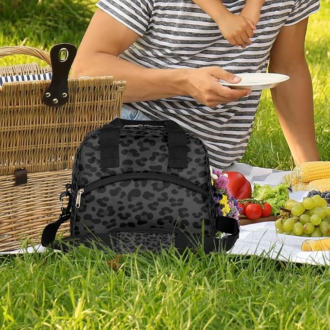 Pardick Leopard Cheetah Black Insulated Lunch Bag for Women Leakproof Lunch Box Large Cooler Thermal Tote Bag with Shoulder Strap Meal Prep Bags for Work School Office Picnic Teen Girls Adult