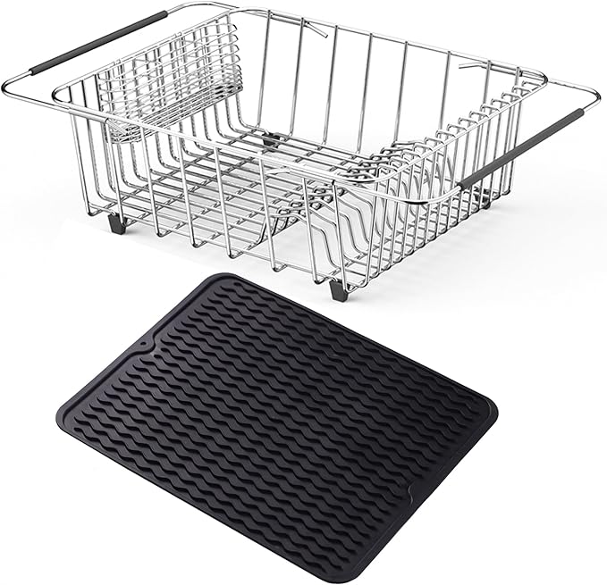 NiuYichee Stainless Steel Dish Drying Rack(15.2"L X 13"W X 5.8"H), Expandable Fruit & Vegetable Drain Rack over Sink, Dish Drainer Rack in Sink, with Stainless Steel Utensil Holder & Silicone Mat(16")