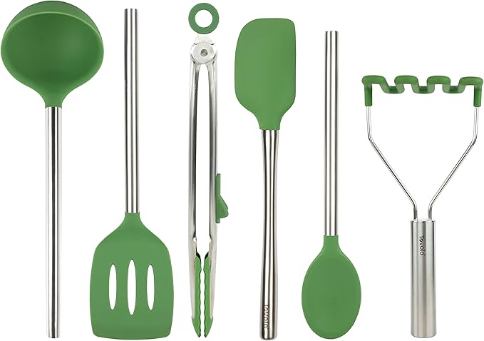 Tovolo Silicone Cooking Utensil Set of 6 Stainless Steel Handle Ladle Slotted Turner Tongs Flex Core Spatula Scraper Mixing Spoon & Potato Masher, Dishwasher Safe BPA Free Utensils, Pesto Green