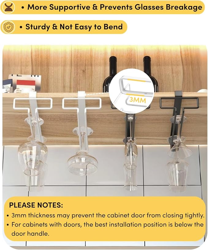 LINFIDITE 2 Pack Wine Glass Holder Stemware Rack Hanger Under Cabinet Wine Glass Rack Kitchen Hanging Storage Rack Organizer,White(For Partition Thickness under 0.98")
