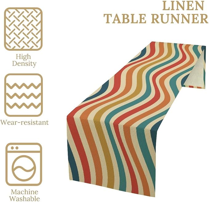 Retro Groovy Rainbow Table Runner Vintage Abstract Wavy Swirl Twisted Colorful Hippie Dinner Runner for Farmhouse Country Home Kitchen Dining Table Party Holiday Decor 13x70in