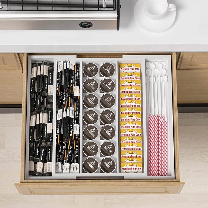 Utensil Organizer for Kitchen Drawers - Bamboo Silverware Tray Expandable 5 Slots Drawer Organizer for Office and Pantry Supplies W13.7-19.9" x L17.6 X H2.5 (White)