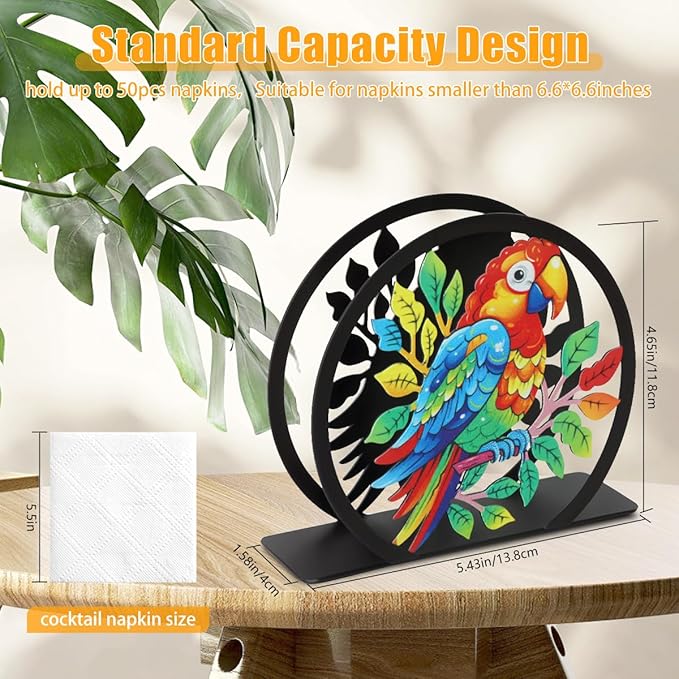 Modern Napkin Holder for Table Decor,Black Metal Napkin Dispenser fit Tissue Mail Bills Paper Towel Holders,Parrot Bird Tropical Napkin Holder,Napkin Stand for Home Kitchen Dining Restaurant Cocktail