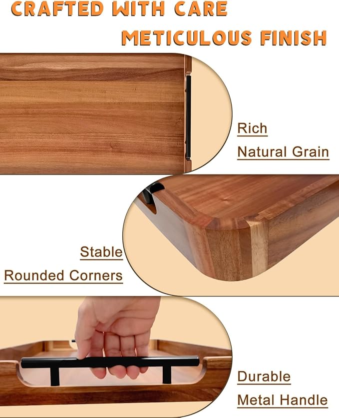 22" x 15.75" Acacia Wood Serving Tray with Metal Handles & Rounded Corners, Large Rectangular Wooden Ottoman Tray for Coffee Table, Living Room, Kitchen, Food Serving
