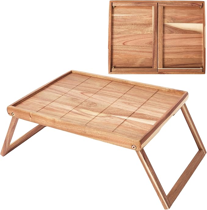 Bed Trays for Eating and Laptops - Acacia Wood Breakfast in Bed Tray with Folding Legs - Large Food Tray for Bed Lap Trays for Eating on Couch Adults - Foldable Wooden Breakfast Trays for Bed 17x13
