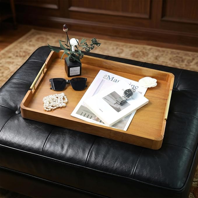 Solid Teak Wood Serving Tray with Handles, 20"x14"x2" Large Ottoman Tray for Living Room Kitchen Party, Decorative Rustic Rectangular Tray for Home Coffee Table Breakfast Dinner Bar