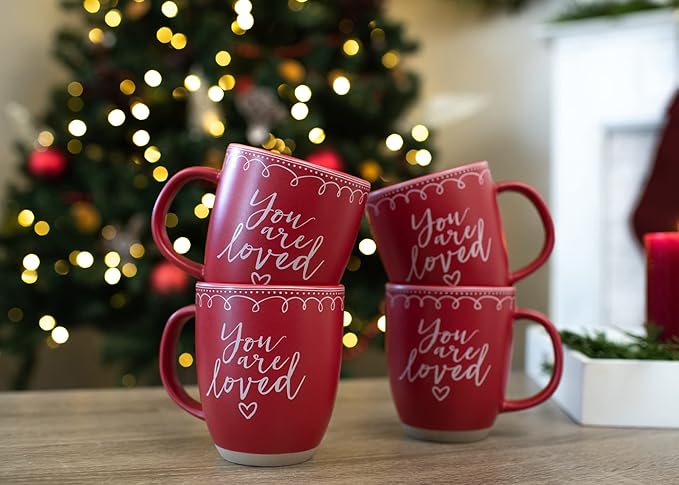 Elanze Designs Loved Raw Clay Bottom Red 16 ounce Ceramic Christmas Coffee Mugs Set of 4