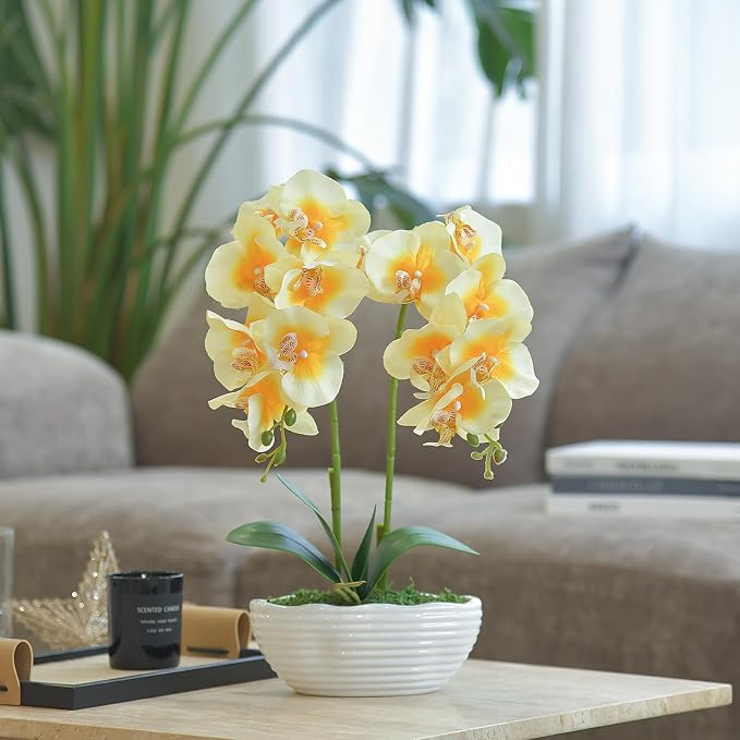 Large Artificial Potted Orchid Plant, Silk Flower Arrangement with Ceramics Vase, Yellow