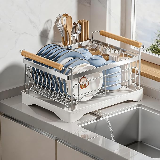 Stainless Steel Dish Drying Rack,304 Grade Rustproof Dish Rack for Kitchen Counter with Drain Board & Detachable Holder (Large & Holder)