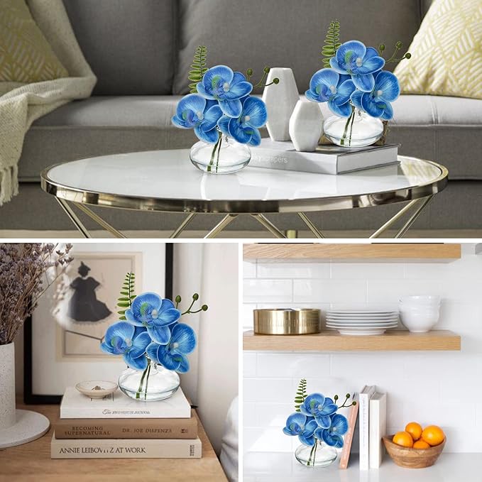 Oairse Blue Orchids Artificial Flowers Faux Orchids Arrangement in Clear Glass Vases Set of 3 Real Touch Phalaenopsis Orchid Flowers Small Fake Orchid Centerpiece for Dining Room Table