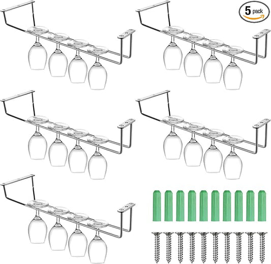 Lemecima 5 Pack Wine Glass Rack Stainless Steel Wine Glass Holder, 14inch Hanging Stemware Rack for Bar Kitchen Cabinet