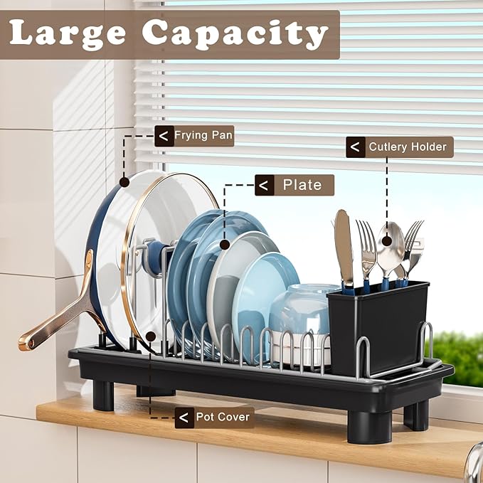 Compact Dish Drying Rack with Utensil Holder – Small Countertop Dish Drainer with 360° Rotating Drain Spout, Stainless Steel Dish Rack for Kitchen Sink, Space-Saving Design for Small Kitchen