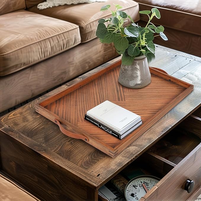 SXNOWS Large Ottoman Wooden Trays, Wood Serving Tray with Handles, Large Ottoman Tray, Wooden Serving Trays for Coffee Tables, Living Rooms and Kitchens, 24 x 16 inch