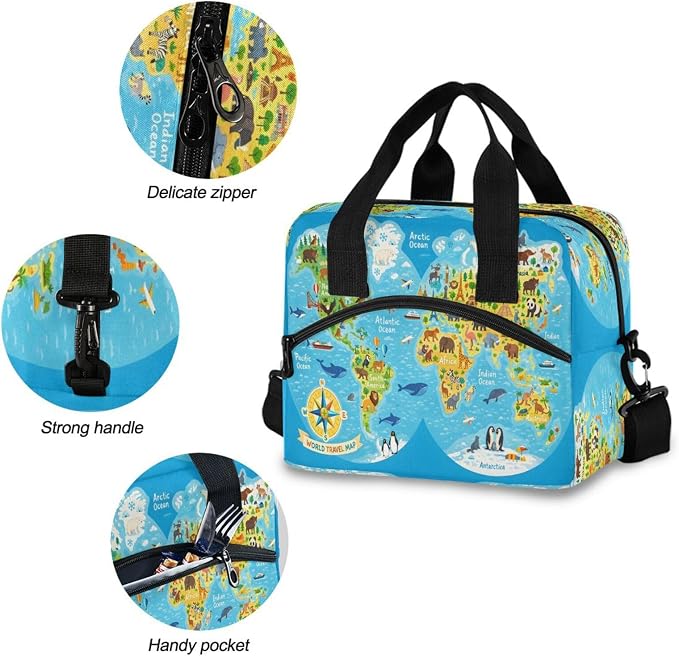 ALAZA Cute Blue Animal World Map Insulated Lunch Bag for Women Men Reusable Lunch Box Tote Bag Adjustable Shoulder Strap Cooler Bag Leakproof for Work School Picnic