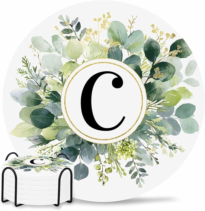 Coasters Set of 6 Letter C Drink Coasters with Holder Absorbent Stone Ceramic Cup Mat Alphabet Green Eucalyptus Leaves Coaster for Drinks Coffee Bar Office Kitchen Cafe Home Decor