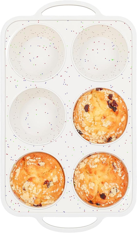 Jumbo Muffin Pan with Metal Frame Nonstick 6 Cup Extra Large Silicone Cupcake Pan for Baking, Deep Jumbo Muffin Tray for Egg Bites Muffins, Confetti Color Cream Gifts for Mom Home Baker（1 Pc）