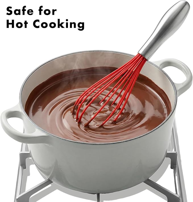 OYV 10-Inch Red Silicone Whisk, Heat Resistant 480°F Kitchen Whisk with Stainless Steel Ergonomic Handle, Non-Scratch for Nonstick Cookware, Dishwasher Safe, Perfect for Blending, Cooking & Beating