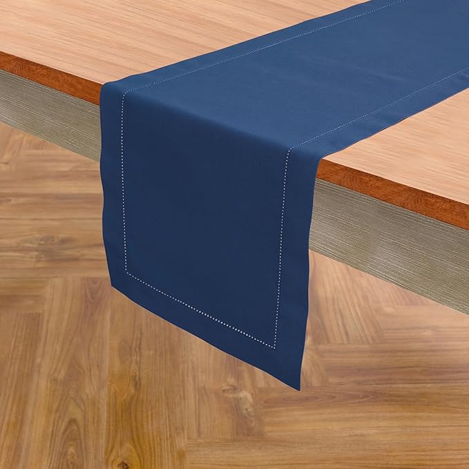 Solino Home Cotton Linen Table Runner 36 Inches - Lapis Blue Hemstitch Table Runner 14 x 36 Inch Ideal for Dresser and Coffee Tables