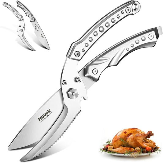 Huusk Kitchen Scissors All Purpose Poultry Shears Heavy Duty Ultral Sharp Detachable Kitchen Shears for Chicken Bone Turkey Silvery Stainless Steel Cooking Shear Thanksgiving