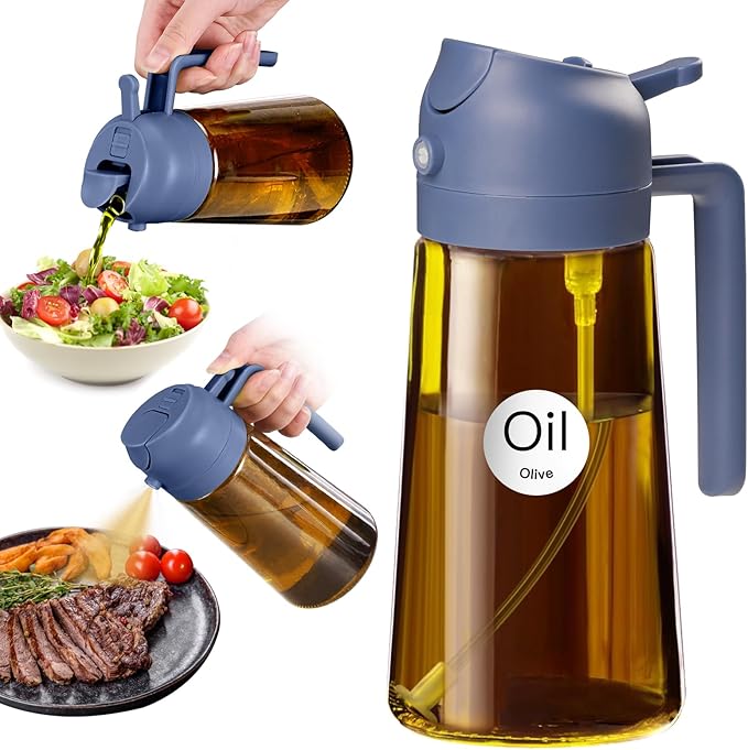 YARRAMATE 16oz/470ml Dark Brown Oil Sprayer for Cooking with Stickers, Food-grade Premium 2 in 1 Olive Oil Dispenser Bottle for Kitchen Gadgets, Air Fryer, Salad, Frying, BBQ (Navy)