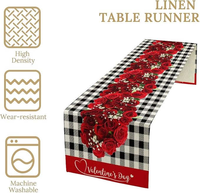 Rose Table Runner, Vintage Rustic Plaid Abstract Red Rose Flower Plant Plant Table Decor Table Top Dining Kitchen Wedding Party 13x36 Inch