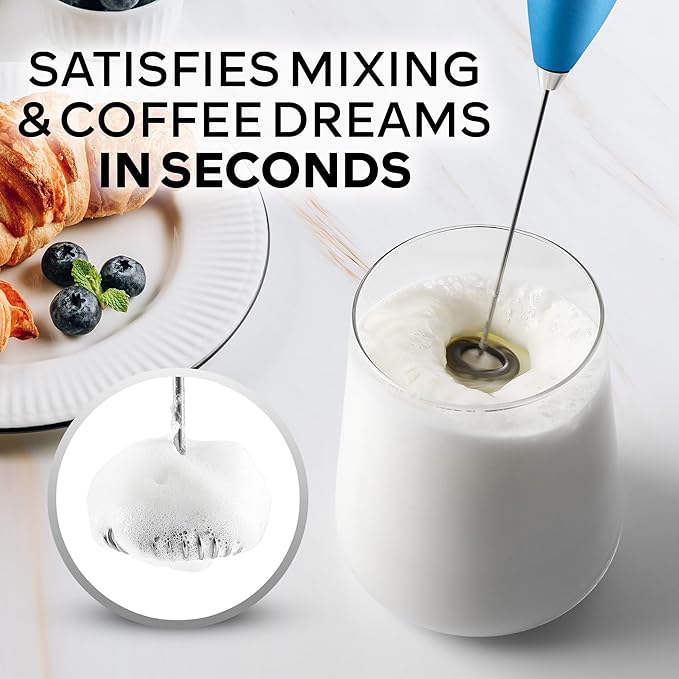 Zulay Kitchen Powerful Milk Frother Wand With Duracell Batteries - Ultra Fast Handheld Drink Mixer - Electric Whisk Foam Maker for Coffee, Lattes, Cappuccino & Matcha - Z1 Motor - Metal Blue
