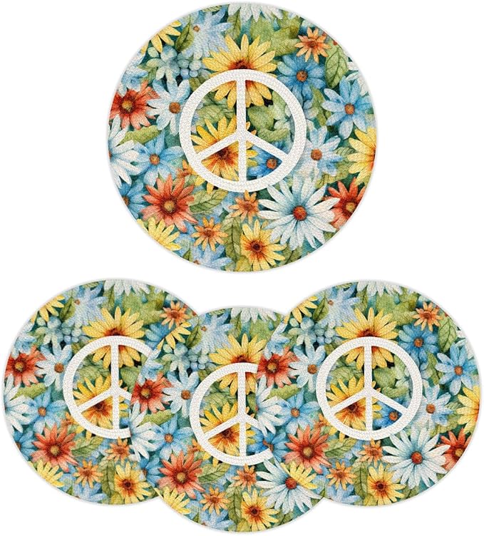 Round Placemats Set of 6, Peace Sign Daisy Sunflowers Woven Placemats Mats Non-Slip Heat Resistant Washable Table Mats Round Braided Place for Farmhouse Kitchen Dining Party Decor 15in