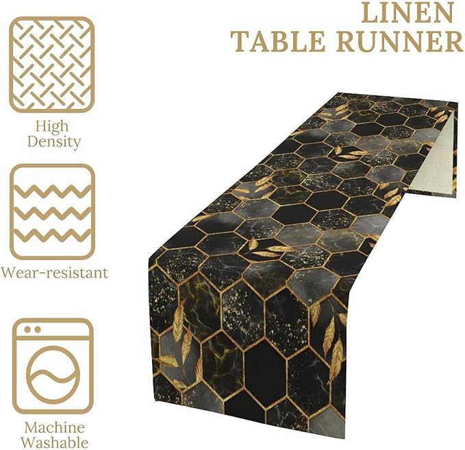 Marble Table Runner, Black and Gold Abstract Geometry Hexagon Modern Luxury Texture Printed Linen Table Runners for Living Room Kitchen Dining Room Party Holiday Decor 13" W x 60" L