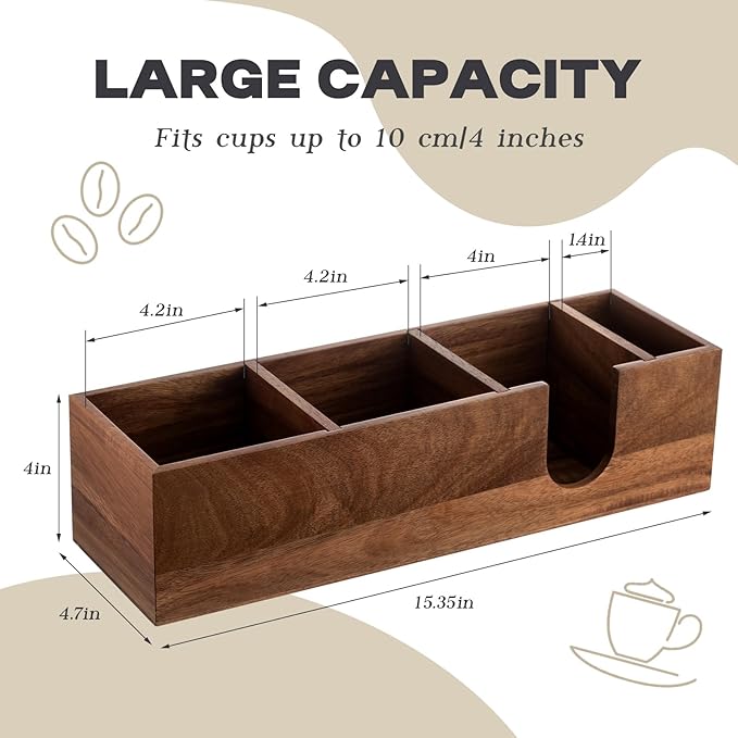 Novabright 4 Compartments Coffee Cup Holder for Countertop Cup Lid and Straw Dispenser Coffee Station Organizer Bar Accessories for Breakroom Restaurant, 15.3 x 4.7 x 4(Wood Color,Acacia Wood)