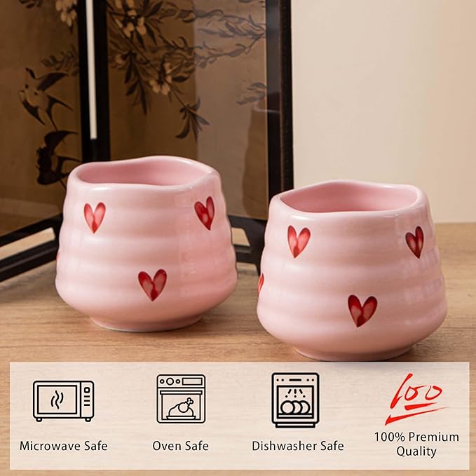 4pcs Japanese Tea Cup Set – Mini Size Cup 5OZ Ceramic Matcha Cup, Handless Espresso Cups, Cute Small Coffee Mugs for Coffee Tea Lovers, Dishwasher & Microwave Safe (Pink Love)