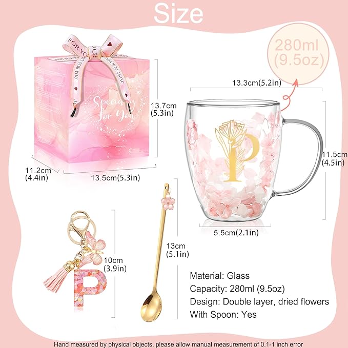 Personalized Gifts for Women Flower Glass Coffee Mug Initial Tea cup Monogrammed Customized Bridesmaid Bride Wedding Gifts Graduation Gifts Valentine Mother's Day Birthday Christmas Gift (P)