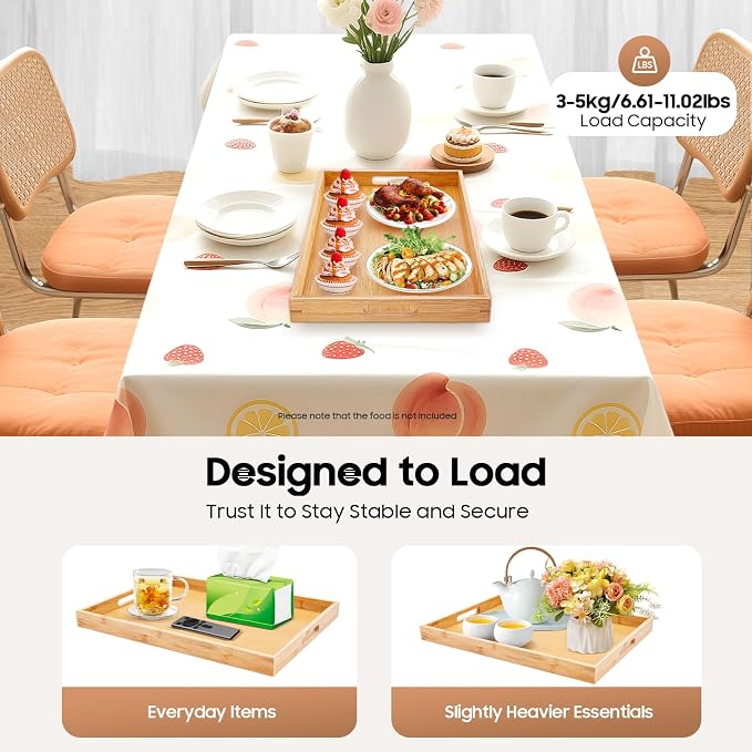 Large Bamboo Serving Tray with Handles, 4 Pack18 * 13 in Wooden Dinner Tray, Rectangular Wooden Breakfast Tray, Dinner Tray Decorative Coffee Tea Platter for Living Room Bedroom Kitchen