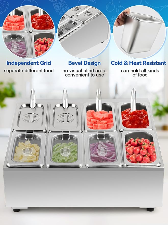 8 Pans Spice Rack Shelf 2 Row Stainless Steel Spice Organizer Stand with Lids Spoons Countertop Inclined Holder Buffet Containers Set for Sauce Jam Fruits Ingredient Kitchen Restaurant Pantry