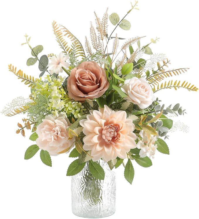 Serra Flora Faux Flowers with Vase,Artificial Silk Roses in Vase,Table Centerpieces for Dining Room, Silk Flower Arrangements for Home, Living Room Bathroom Plant Decor, Centerpiece Table Decorations