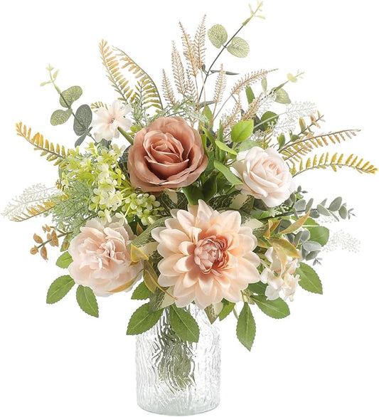 Serra Flora Faux Flowers with Vase,Artificial Silk Roses in Vase,Table Centerpieces for Dining Room, Silk Flower Arrangements for Home, Living Room Bathroom Plant Decor, Centerpiece Table Decorations
