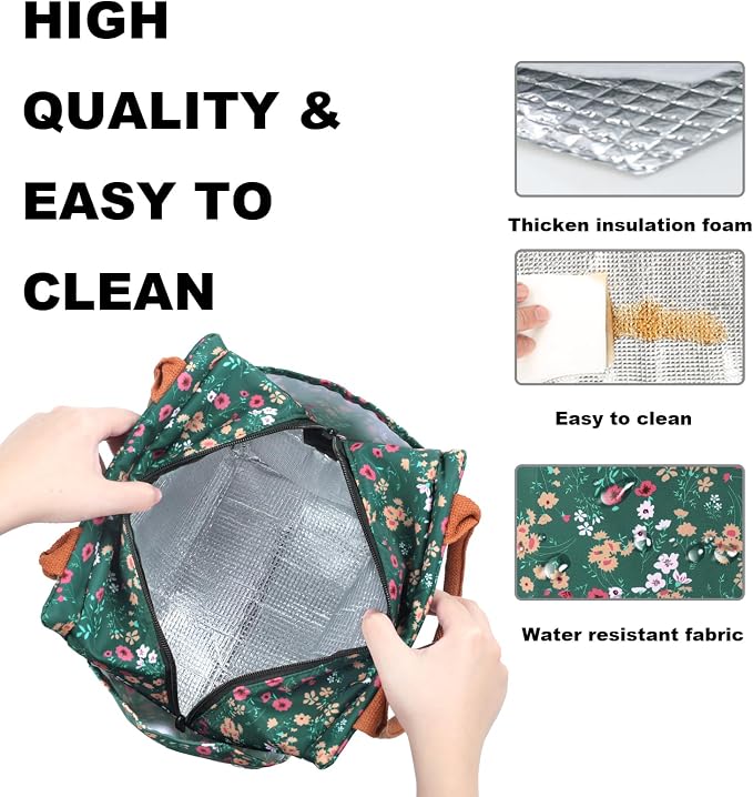 Joymee Insulated Lunch Bag for Women Reusable Leakproof - Green Floral | Spacious Storage, Bottle Holder & Pockets, Leakproof Insulated, for Work, Travel, Picnic, Daily Use, for Adult