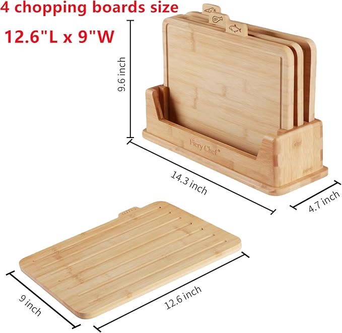 Fiery Chef 12.6"L x 9"W Bamboo Cutting Board Set of 4 - Wood Cutting Board Set with Holder, Chopping Boards Set with Food Icons, Juice Groove - Ideal for Meat, Fish, Bread, Vegetable, Fruit Chopping