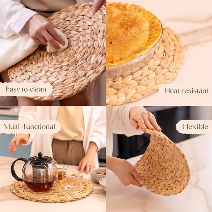 6 Pack, Round Woven Placemats, Natural Water Hyacinth Place mats, Braided Straw Table Mats for Dining Table, Christmas Placemats Set of 6 (15 inch)
