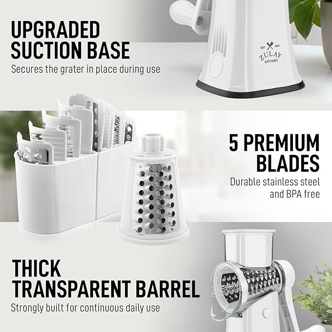 Zulay Kitchen Rotary Cheese Grater 5 Blade Cheese Shredder - Manual Hand Crank Cheese Grater With Reinforced Suction & 5 Interchangeable Drums - Easy to Use, Vegetable Chopper Round Mandoline Slicer