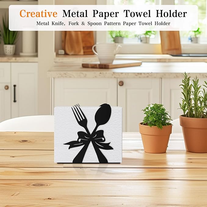 Modern Standing Napkin Holder for table, Black Metal Napkin Dispenser, Fork, Spoon Theme Style Napkin Holder, Suitable for Kitchen, Coffee Shop, Dining Room