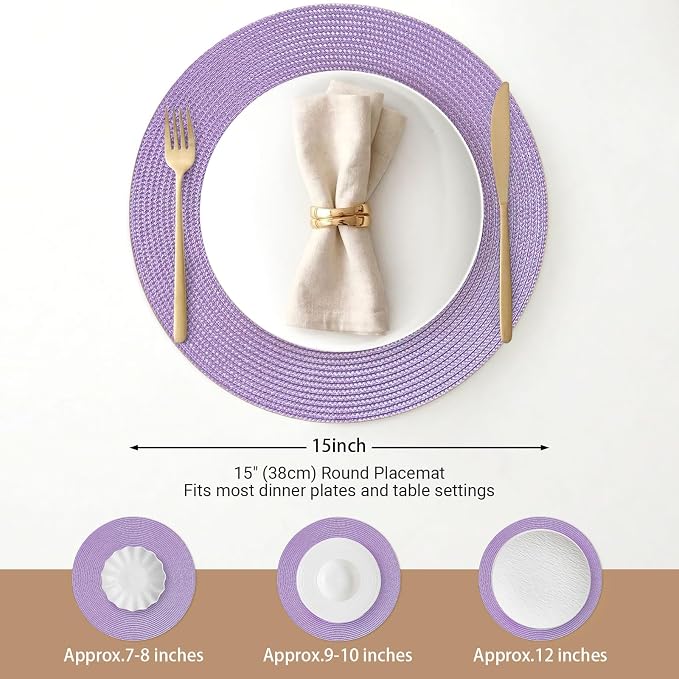 FunWheat Round Braided Placemats Set of 8 Table Mats for Dining Tables Woven Washable Non-Slip Place mats 15 inch(Lavender Purple,8pcs)