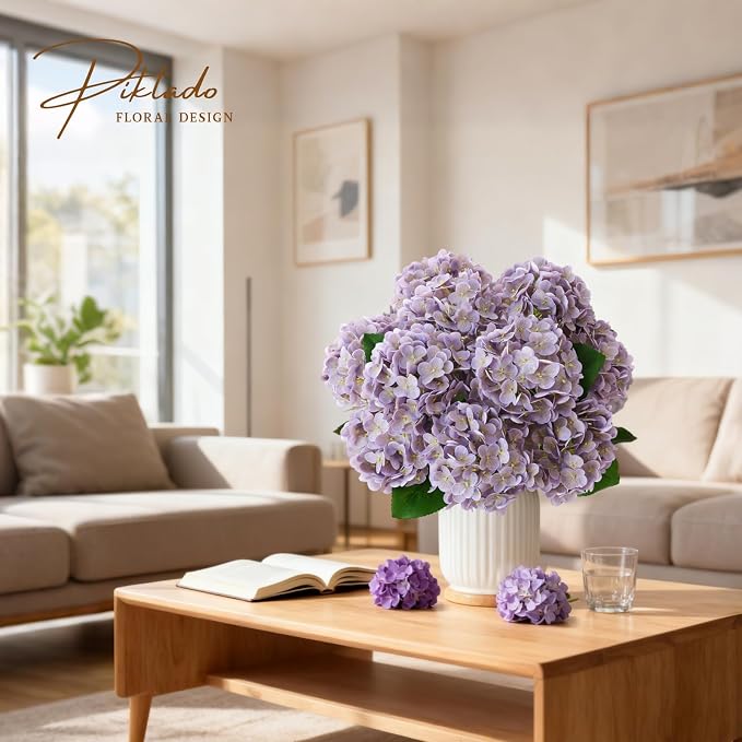 2 Bunch 21in Real Touch Hydrangea Artificial Flowers with 10pcs Flower Head 20pcs Leaves Faux Hydrangea Flowers for Home Office Decor Wedding Party Arrangements (Purple, 2 Bunch)