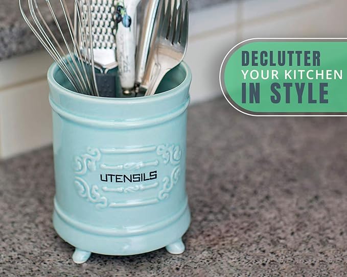 Comfify French Blue Ceramic Utensil Holder - Vintage Style Kitchen Utensil Caddy - Antique Design Cooking Utensil Organizer - Rustic French Country Utensil Crock for Cooking Enthuziast