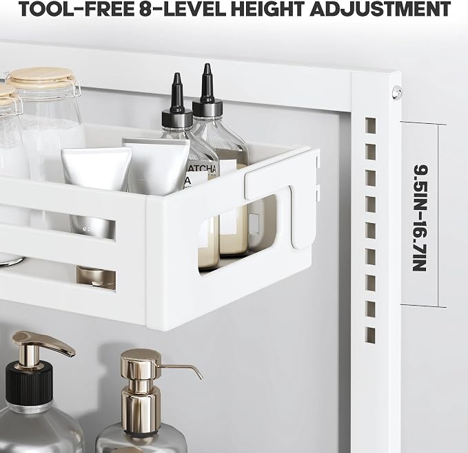 2 Pack Under Sink Organizer,Pull Out Cabinet Organizer With Smooth Cylindrical Rail,Metal Slide Out Drawer for Kitchen Bathroom Laundry Cabinet,8-Level Tool Free Height Adjustable-White