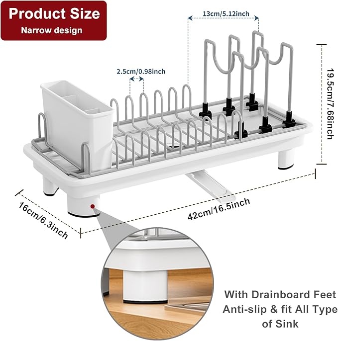 Small Dish Drying Rack for Kitchen Counter,Compact Dish Drainer with Plastic Water Tray, Space Saving Dish Rack with Removable Cutlery Holders for Small Kitchens, 6.5" W x 16.5" L (White)