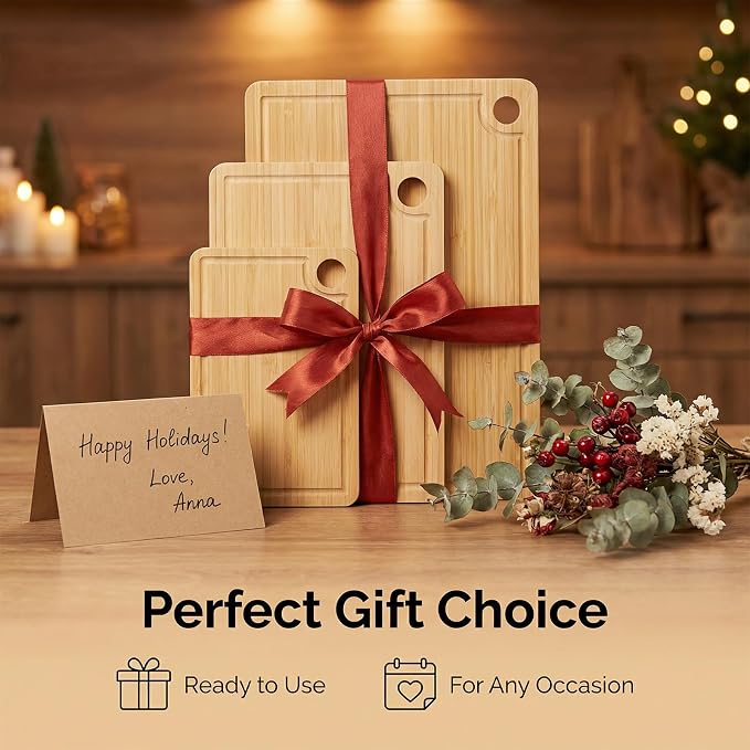 3 Pack Bamboo Cutting Board Set for Kitchen, Organic Wood Chopping Boards with Juice Groove Handles, Heavy Duty Non Toxic Meat Fruit Cheese, Ideal Housewarming Kitchen Gifts