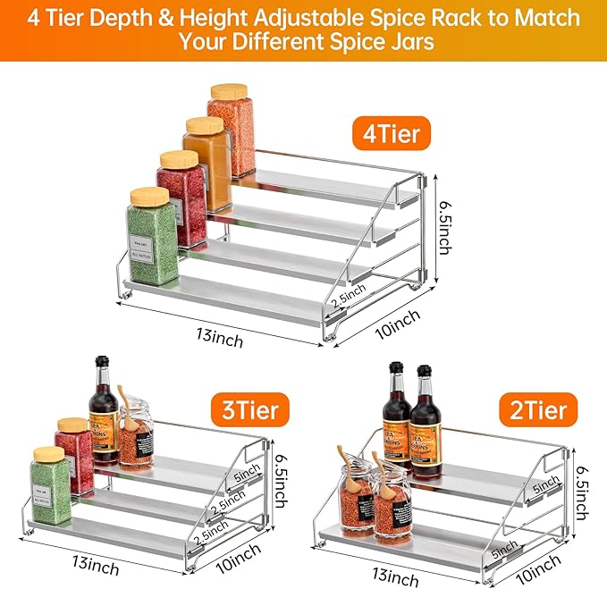 RCHYFEED 2 Pack 4 Tier Adjustable Spice Rack Organizer, Foldable Chrome Vertical Spice Organizer for Cabinet & Countertop, Space Saving Storage Shelf for Kitchen Pantry Bathroom