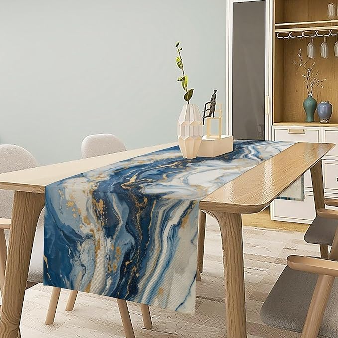 Marble Table Runner, Modern Luxury Foil Texture Blue White Gold Marble Printed Linen Table Runners for Kitchen Living Room Farmhouse Dining Room Party Home Decor 13" W x 120" L