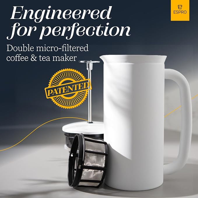 ESPRO Pro P7 French Press Coffee Maker - Double-Walled Stainless Steel Insulated with Micro-Filter - Matte White 32 oz