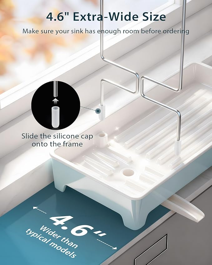 Minimalist Sink Caddy, Rustproof Sponge Holder for Kitchen Sink with 304 Stainless-Steel Brush Holder, Countertop Rack Organizer with Raised Ridges & Silicone Drain Tube (Pastel Blue, Large)